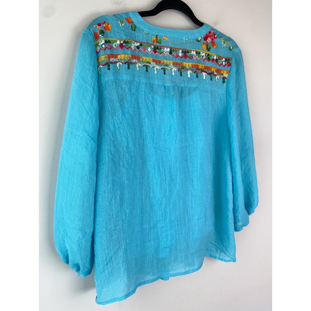 Turquoise Blue Embroidered Peasant Blouse Top Pintuck Floral Boho Balloon Sleeve - Picture 6 of 8